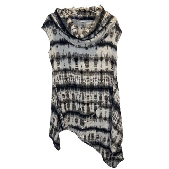 BRYN WALKER NOA Cream Black Tie Dye Linen Cowl Neck Asymmetrical Hem Tunic XS - Picture 1 of 10